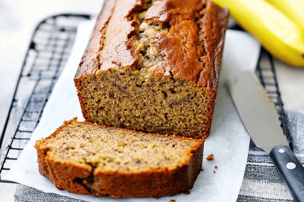 a loaf of bread with a banana on a white plate