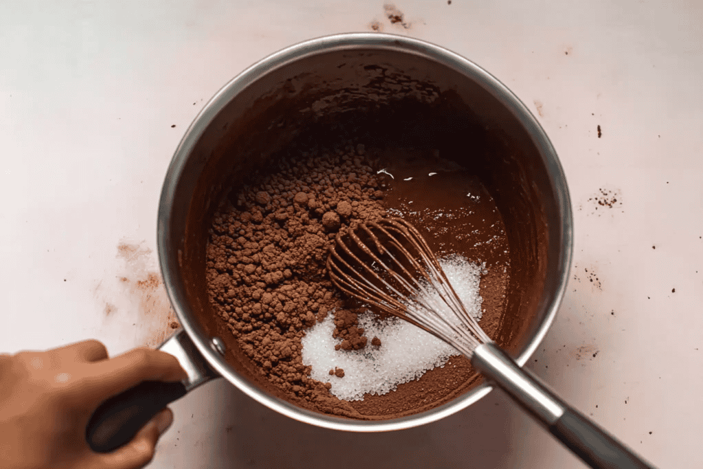 a whisk and brown powder in a pot