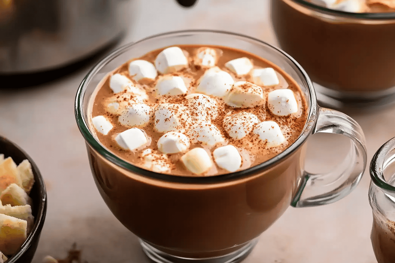 a mug of hot chocolate with marshmallows and powder