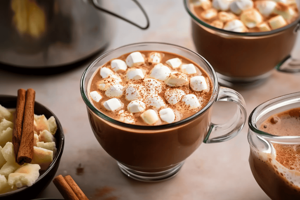 a mug of hot chocolate with marshmallows and cinnamon