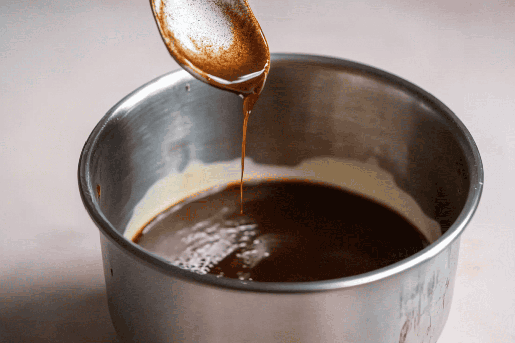 a spoon pouring liquid into a bowl of liquid