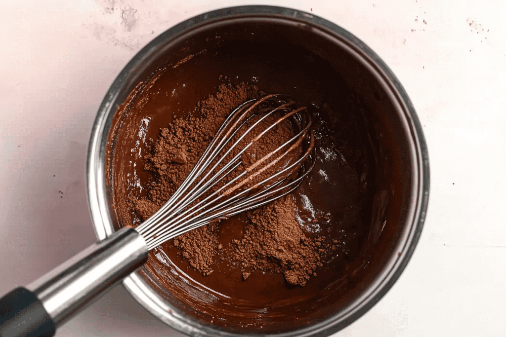 a whisk in a bowl of brown liquid